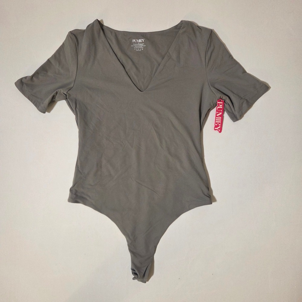 PUMIEY Womens Short Sleeve V-Neck Bodysuit‎ Taupe Gray Size M New